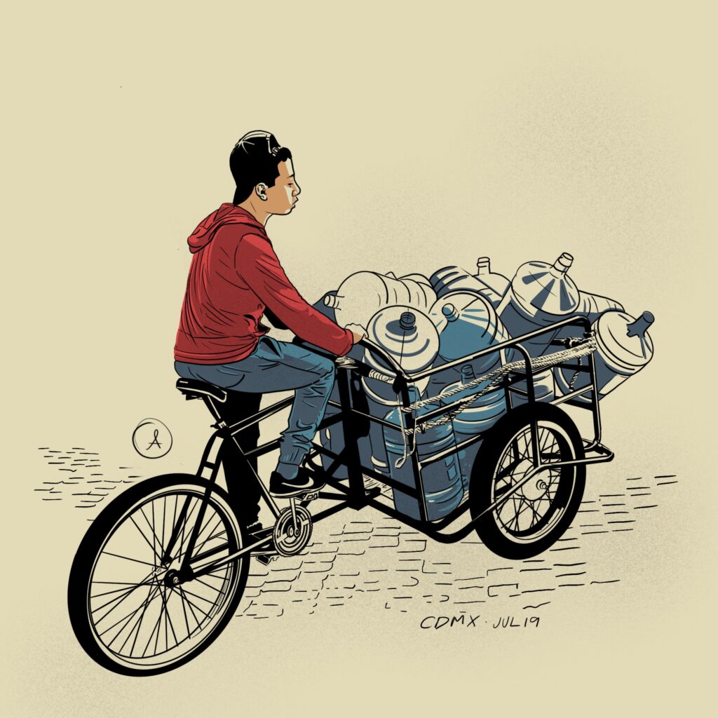 Ilustración joven en bicicleta con botellas de agua